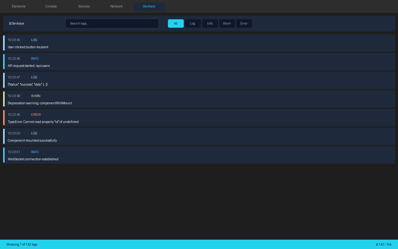 Devtrace DevTools panel showing filtered console logs